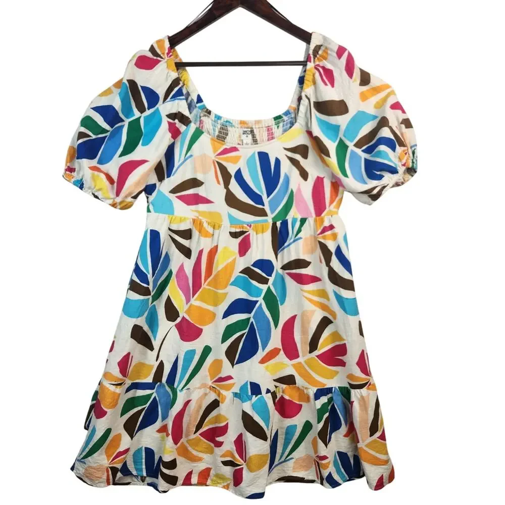 Tabitha Brown Target Mini Dress Women SZ LG Botanical Print Linen Blend Pockets - Picture 1 of 16